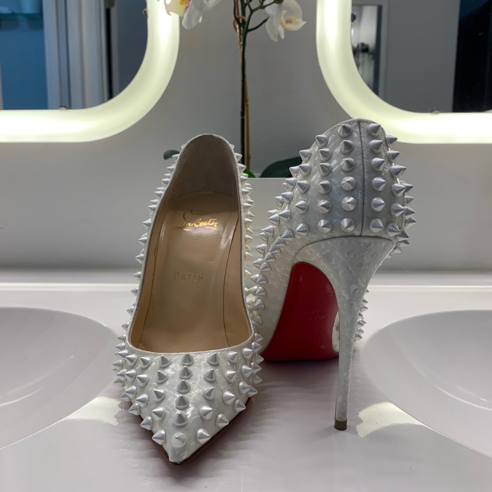 Christian louboutin spiked pearl white heels